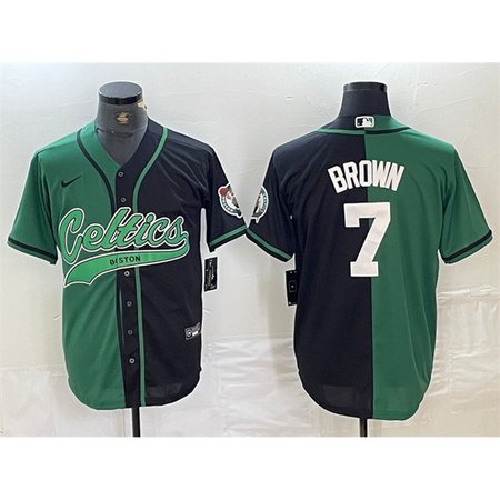 Men's Boston Celtics #7 Jaylen Brown Green/Black Split Stitched Baseball Jersey